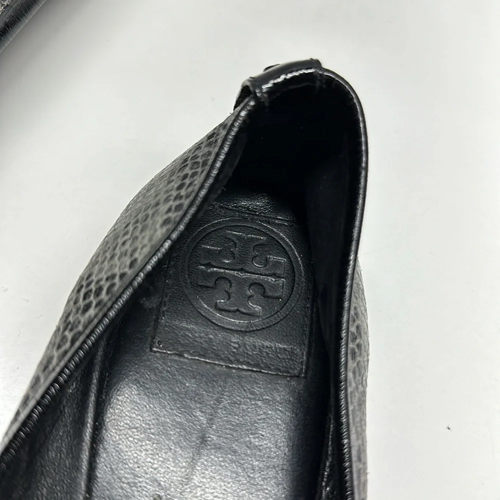 Tory Burch Ballet Flats Shoes Faux Snakeskin Leather Captoe Black Gray Size 8.5